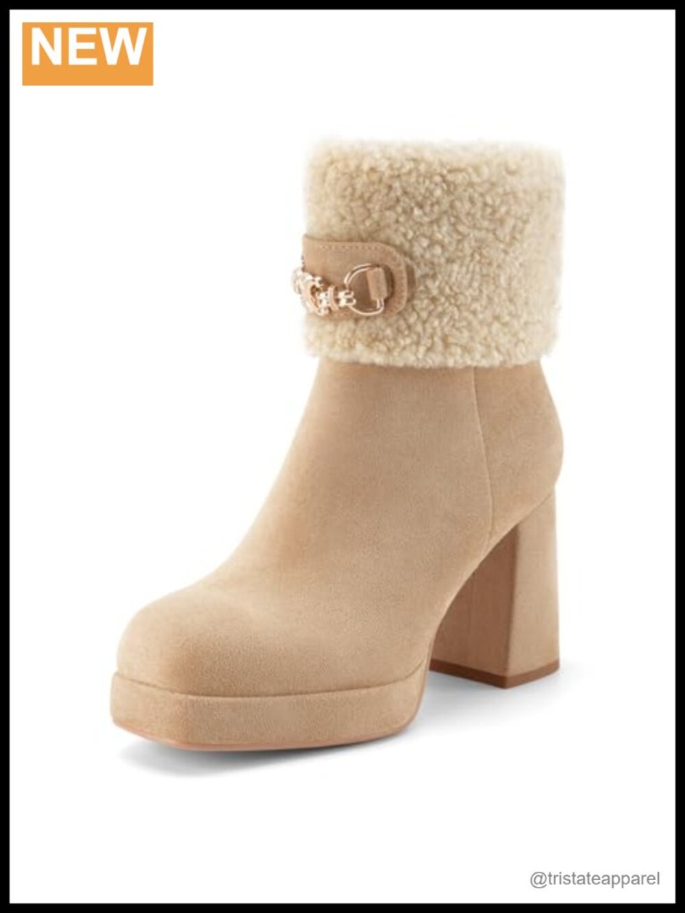 Women's Chunky Platform Heel Ankle Boots Suede Faux Shearling Cuff Side Zip